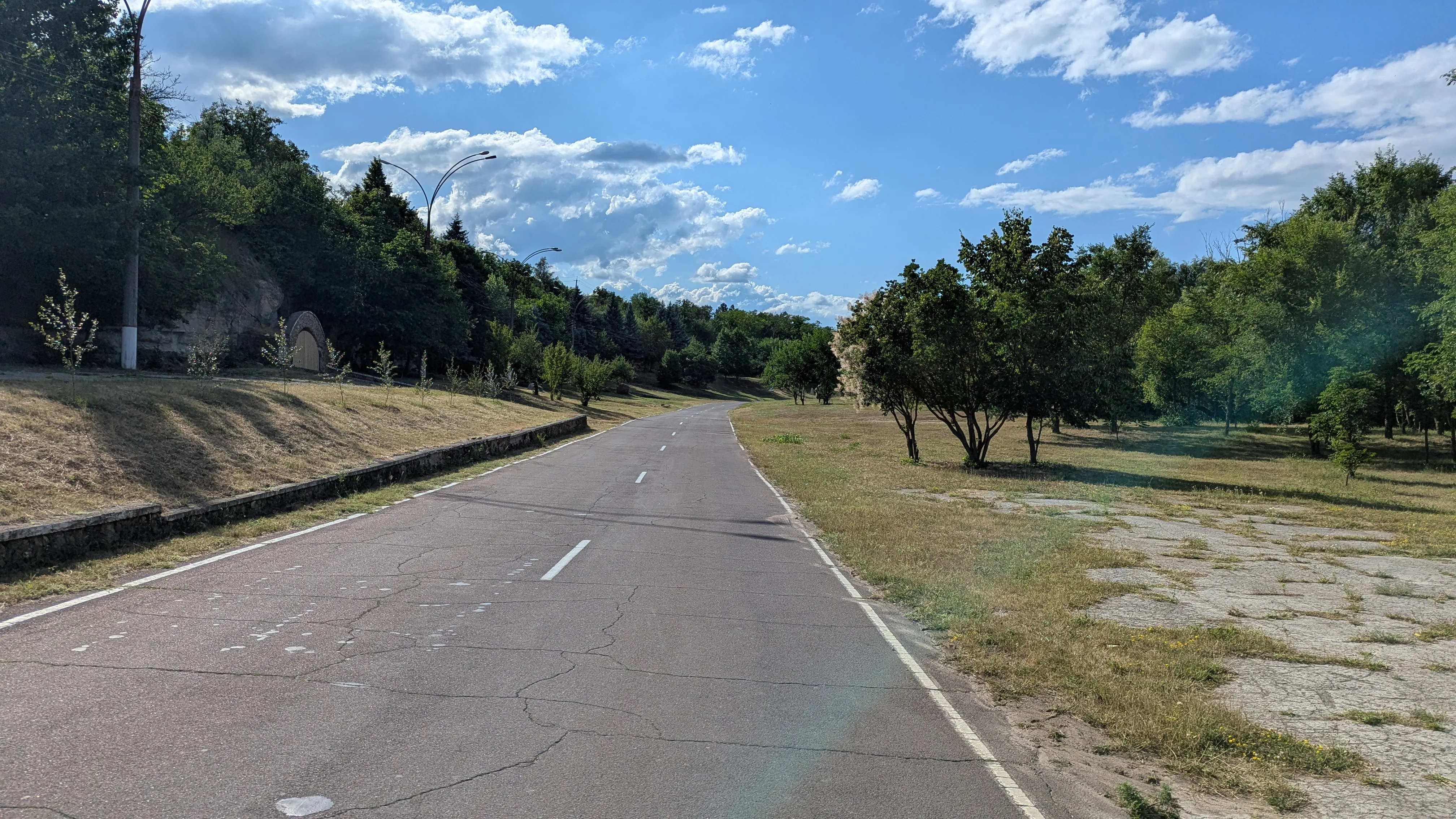 Pusta asfatowa droga, po bokach wysuszona trawa i niewysokie
drzewa