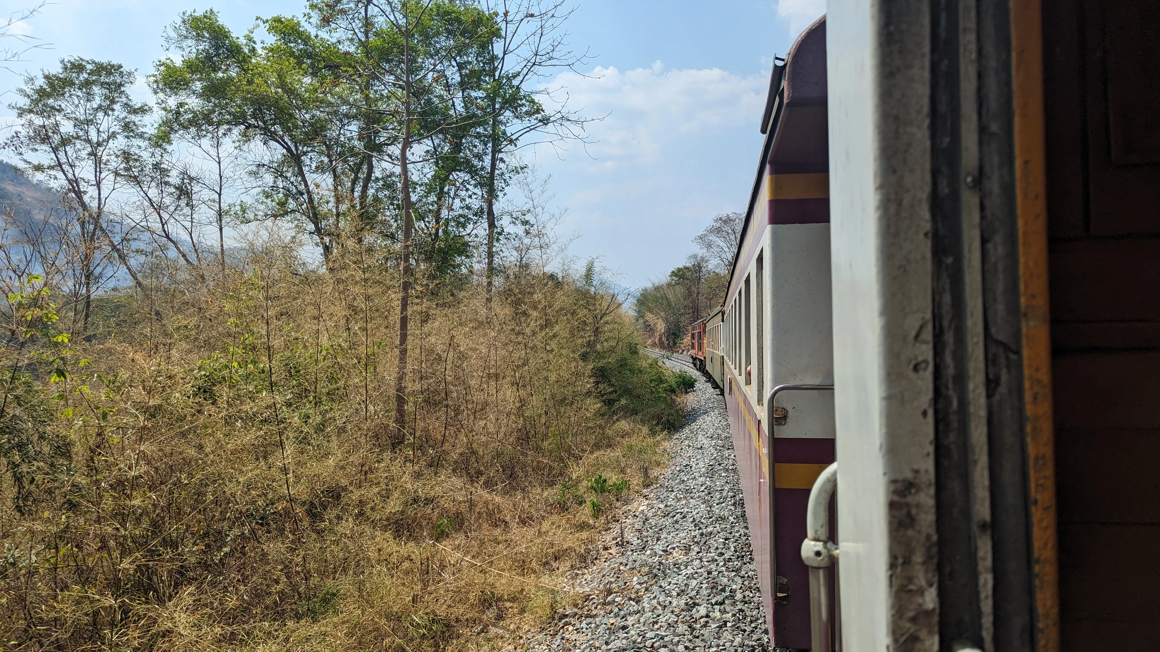 Połowa zdjęcia to zarośla z górami w tle, druga połowa to pociąg widziany z okien jednego z
wagonów, na zakręcie